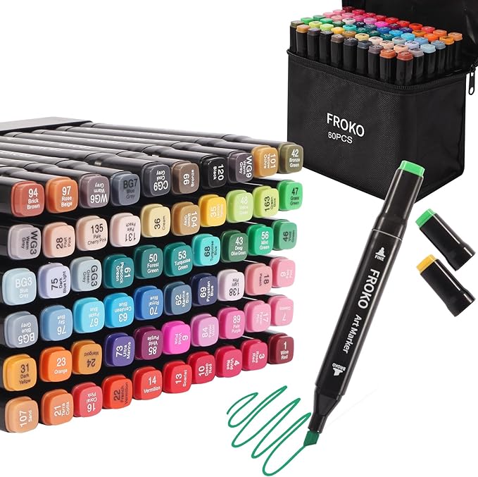 FROKO Alcohol Markers, 60 Colors Dual Tip Art Marker,Coloring Marker, markers for adult coloring books no bleeding