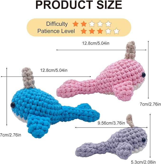 Crochet Kit for Beginners, Learn Crochet Animal Kit, Include Video Tutorial & Manual, Easy Knitting Yarn for Adult & Kid 12+, DIY Holiday Birthday Gift Idea(3pcs Whale Family)