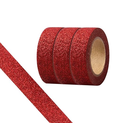 Glitter Washi Tape,3 Rolls 5/8"(15mm) red Decorative Tape, Craft Self Adhesive Stick On Sticky Glitter Trim Gold ，Supplies for DIY, Bullet Journal, Craft, Gift Wrapping, Scrapbooking (Red)