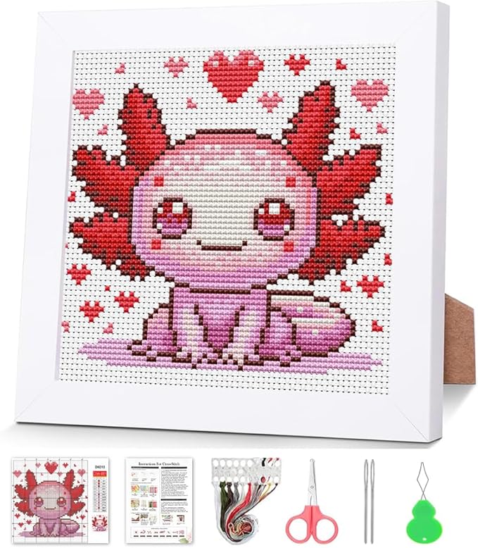 VIGEGU Cross Stitch Kits for Beginners,Salamander Stamped Cross Stitch for Adults with Framed,Crafts for Girls 8-12 Embroidery Kit Partial 11CT Cross-Stitch Arts and Crafts for Adults 6.7x6.7inch