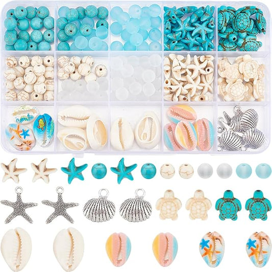 SUNNYCLUE 1 Box 210Pcs Starfish Bead Turtle Beads Lucky Turquoise Beads Bulk Summer Ocean Beads Sea Animal Charms Shell Beads Seashell Charms for Jewelry Making Beading Kits Women DIY Craft Supplies