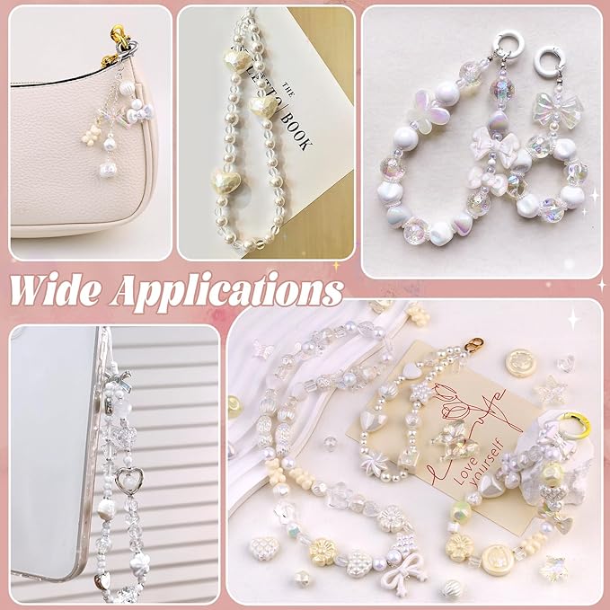 200-260PCS TINKRSTUFF Assorted Acrylic Beads White Cute Beads for Bracelet Making,Bow Aesthetic Star Flower Butterfly GummyBear Kawaii Charms for Jewelry Necklace Making DIY Keychain Phone Charm