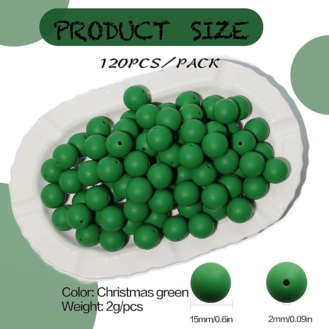 120pcs Bulk Silicone Beads - 15mm Assorted Set for Pens, Keychains, Necklaces & Bracelets (Green)