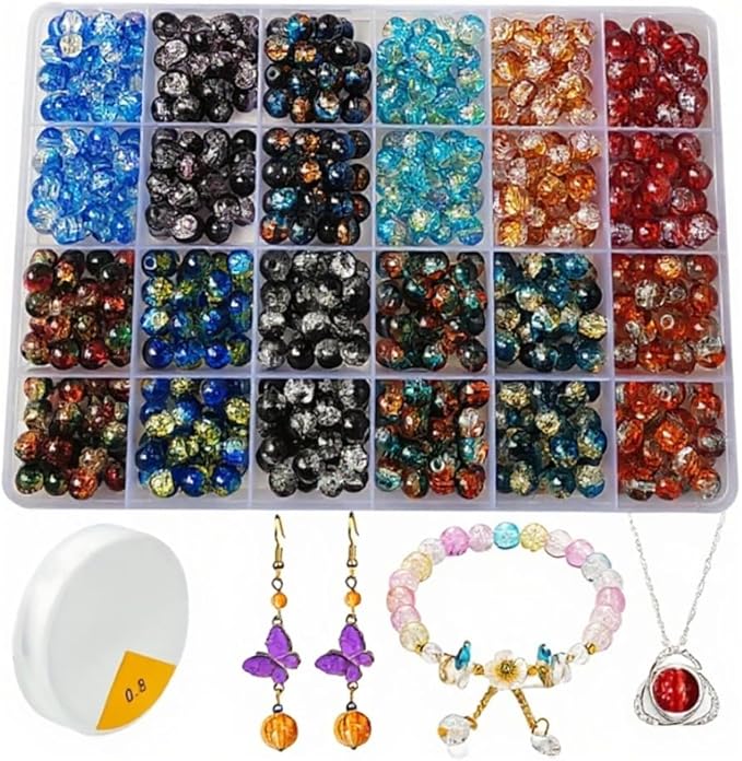 C MY 600pcs 8mm Crackle Glass Beads for Bracelet Jewelry Making Kit with 1 Roll Crystal Elastic Cord, 12 Colors Crystal Glass Beads for DIY Craft Friendship Ankle Necklace Earring Jewelry Making