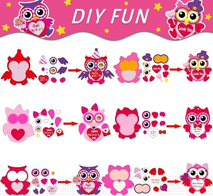 chiazllta 30 PCS Valentine's Day Craft Kits DIY Owl Craft for Valentine's Heart Craft Make Your Own Owl Bulk Set for Home Game Activities