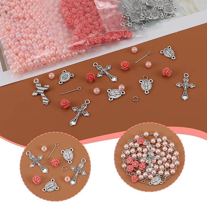 OEMOO 1410PCS Rosary Jewelry Making Kit Rosary Prayer Making Supplies Carved Rose Beads Cross Centerpiece Crucifix Medal, Silver Jesus Maria Pendant for Rosary Bracelet Necklace Jewelry (Pink)