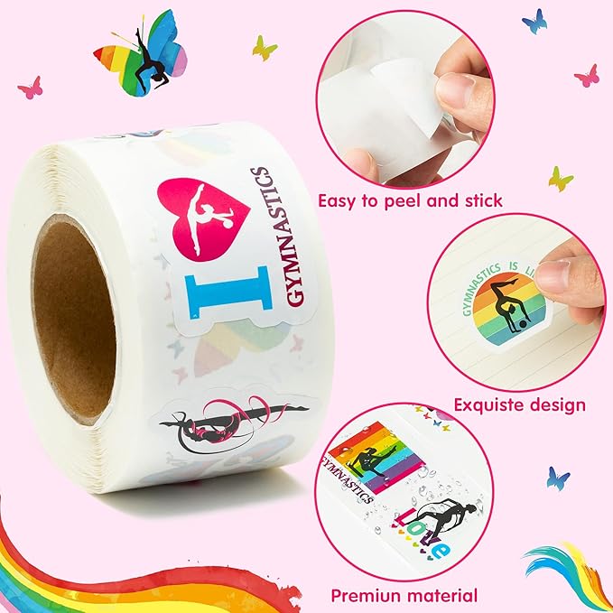 beyumi gymnastics art girl stickers - 1000pcs gymnastics stickers in 2 rolls for kids waterproof vinyl athletic art girl decals for gymnast party decor phone laptop bottle notebook luggage classroom