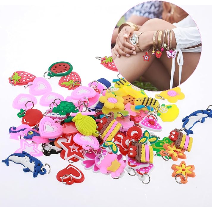 100 Pcs Silicone Charms for Bracelets,Rubber Loom Band Charm,Rubber Band Bracelets Charms,Charms for Bracelet Making,for Pendant Bracelet Making DIY Handmade Materials(Random styles)