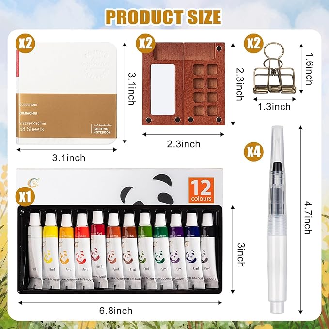 Mini Watercolor Paint Set, Portable Travel Watercolor Kit with 12 Colors, 2Pcs Wooden Palette, 2 Sketchbook & Metal Clip, 4 Brushes - Pocket Art Supplies for Artists, Adults, Beginners & Outdoor Paint