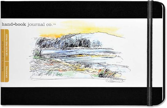 Handbook Journal Co. Sketch Book - Large Landscape 5.5 x 8.25 in Ivory Black European Linen-Bound Hard Cover, 128 Pages (64 Sheets) of 130 GSM Acid-Free Art Drawing Paper, Pocket and Elastic Closure
