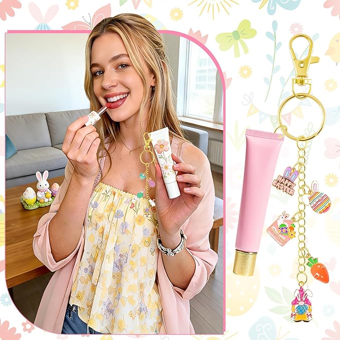 254 Pcs Cute Easter Charms Lip Gloss Keychain Making Kit Include Assorted Bunny Egg Rabbit Enamel Charms Keychain Clips Extender Chains Jump Ring DIY Jewelry Crafts Gifts for Women Adults