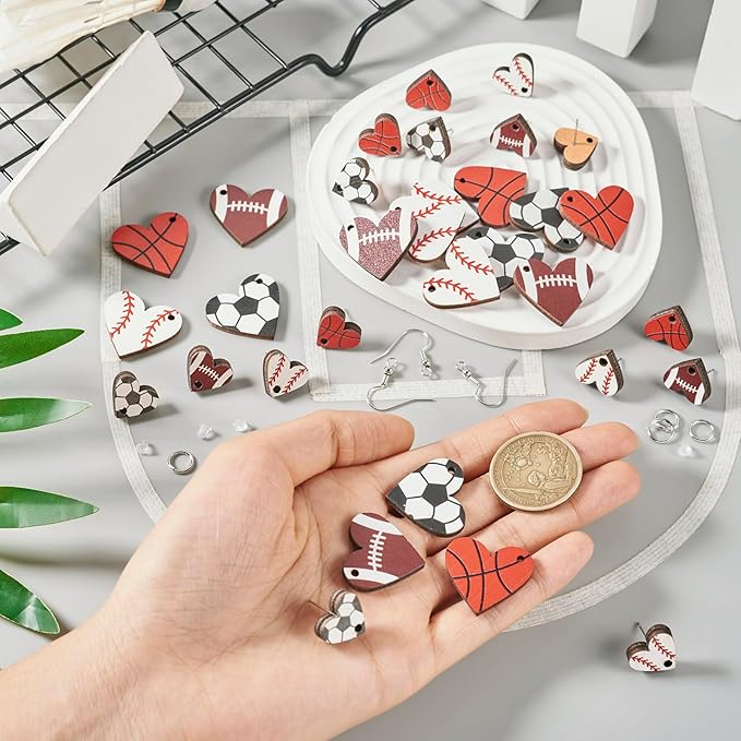 Beadthoven Wood Earrings Making Kit Sports Love Heart Shape Wood Pendants with Stud Earrings Printed Sport Ball Dangle Earring Charms Earring Hooks Jump Rings Ear Nuts for Jewelry Making Sport Lover