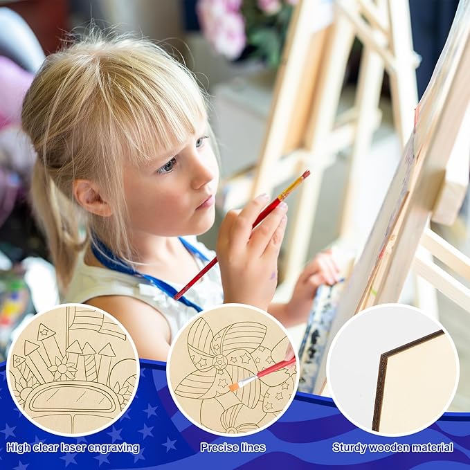 COCHIE 10 Pieces Large 4th of July Unfinished Wood Crafts to Paint for Adults, Bulk Predrilled Wooden Ornaments for Painting, Independence Day Paintable Wood Slices Craft Supplies with Ropes