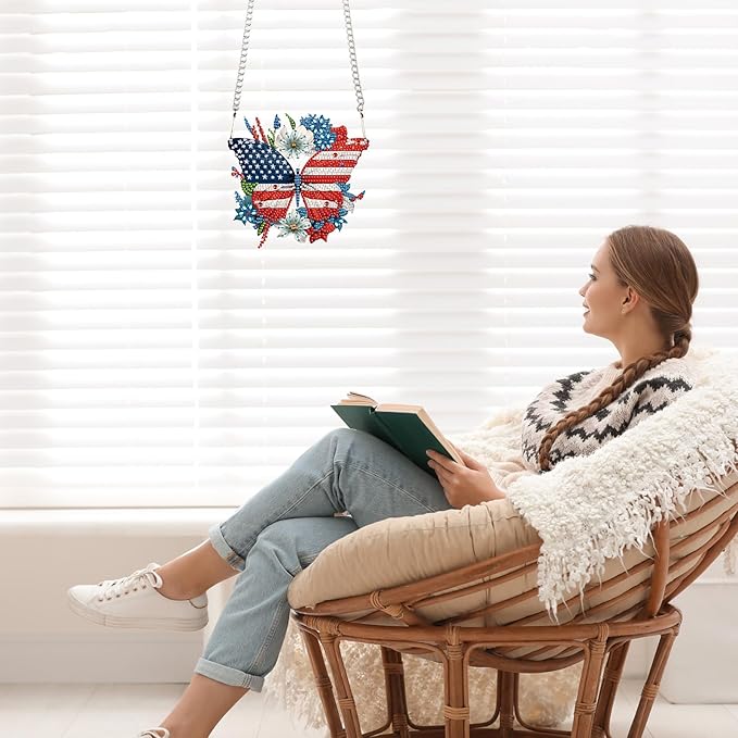 4th of July Diamond Painting Hanging Ornament Kit, Patriotic American Flag Butterfly Wreath DIY Diamond Art Acrylic Pendant, Diamond Painting Kit for Adults Independence Day Home Window Wall Decor