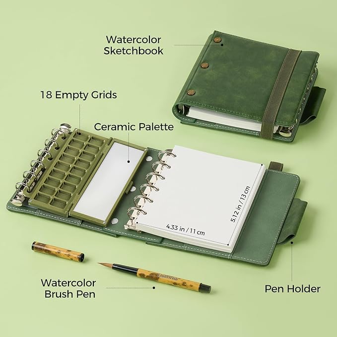 Portable Watercolor Sketchbook Set - 100% Cotton Hot Press 5.1x4.3 Inch 20Sheets Binder Art Journal with 18-Well Ceramic Paint Palette & Travel Watercolor Brushes for Artists Outdoor Painting