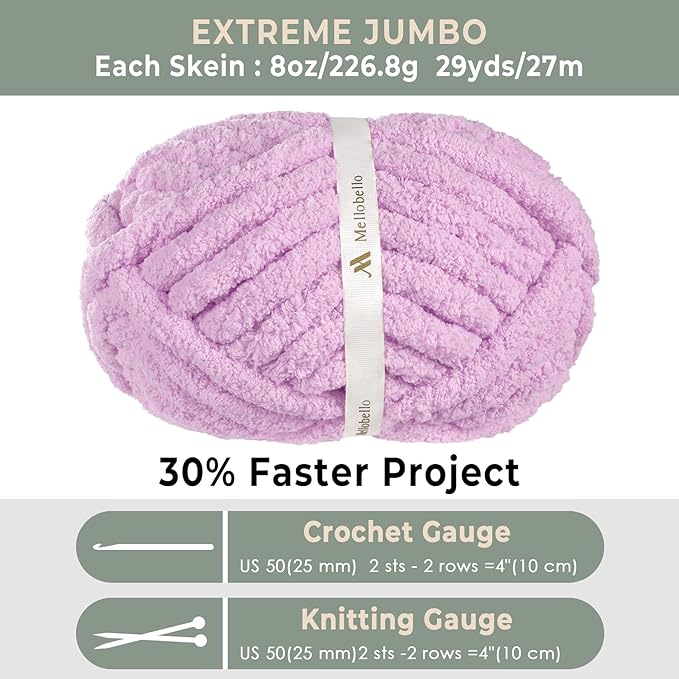 Mellobello Jumbo Chunky Yarn for Hand Knitting - Super Thick Chenille Chunky Yarn for Crocheting - Extra Soft Bulky Fluffy Blanket Big Yarn 8 Jumbo Pack (27yds,8 oz Each Skein) Purple