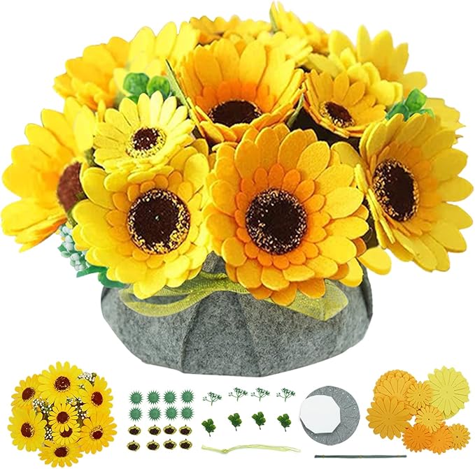 BAZIMA ALICE DIY Felt Flower Art Craft Kit, Sunflower Pot Bonsai Kit for Beginners, Floral Gifts, Arrange Pre-Cut Flowers and Foliage