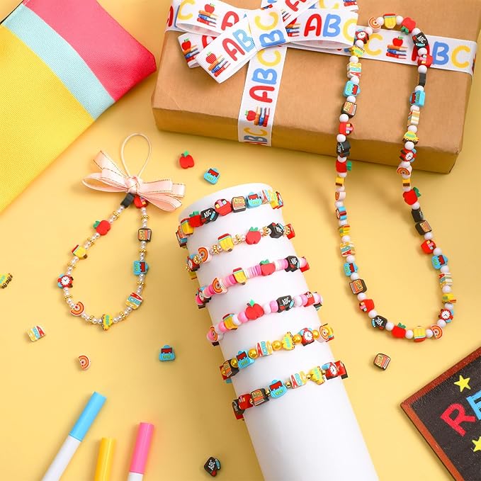 AUGSHY 300 PCS Back to School Clay Beads, Polymer Clay Beads Teacher Beads for Bracelet Necklace Making Teacher Appreciation Gifts DIY Jewelry Craft Kits Classroom Activities