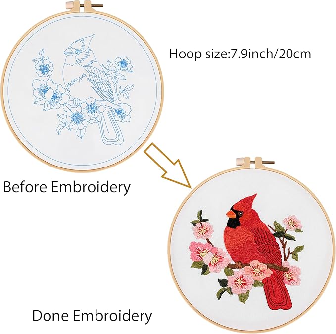 Louise Maelys Cardinal Embroidery Kits for Beginners with Bird Flower Pattern,Adults Starter Cross Stitch Kit DIY Needlepoint