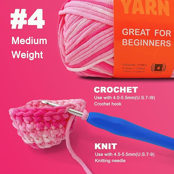 3.5Oz/120yds Beginner Easy Yarn for Crocheting and Knitting;Worsted-Weight Medium #4;Cotton Blend Yarn for Beginners Amigurumi DIY(Strawberry,1 Skein)