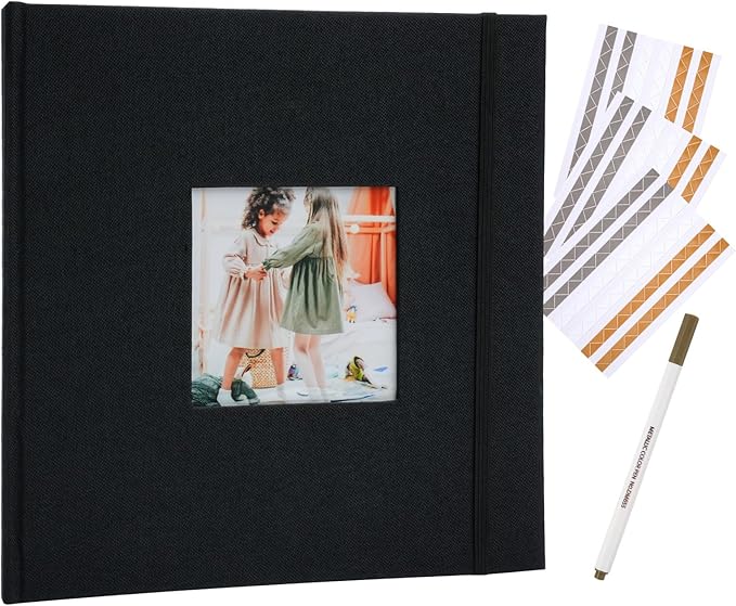 Scrapbook Album, 8"x8" DIY Photo Album with Square Window Linen Cover Kraft Paper 32 Sheets, Stylish Memory Book for Wedding, Anniversary, Family, Travel, Black