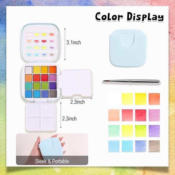 Mini Travel Watercolor Paint Set - Small Pocket Water Colors Paint Set with 16 Colors, Sketchbook, Brush, Clip, Portable Painting Art Kit for Adult, Beginners, Artists & Painting Enthusiasts