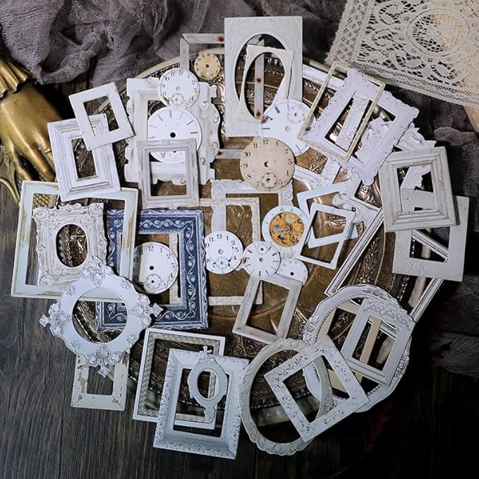 CATaireen Vintage Junk Journal Items Kit Pre Cut Paper Cards Cutout Cardstock Art Aesthetic Decor Hollow Out Craft Elements Small Embellishments Supplies for Adults Scrapbook Pack (Photo Frame White)