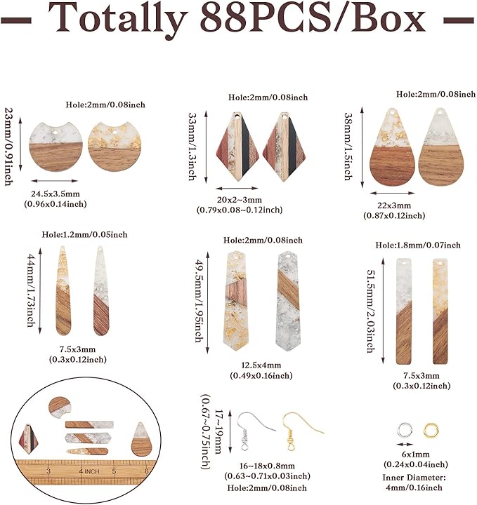 Beadthoven 88pcs Glittery Resin Wood Pendants Earrings Making Kit Gold Foil Wooden Earring Blanks Teardrop Rectangle Geometry Wood Earring Charms for Jewelry Making with Earring Hooks Jump Rings