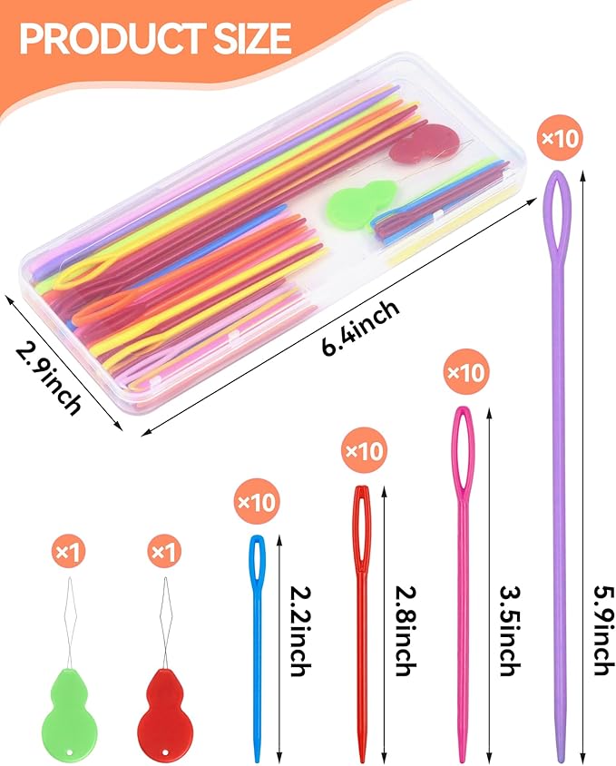 FIVEIZERO 40PCS Plastic Needles – 4 Sizes with Large Eye, Plastic Sewing Needle with Threader and Box, Yarn Needles for Crochet and Canvas, Crochet Needle for Handmade Crafts