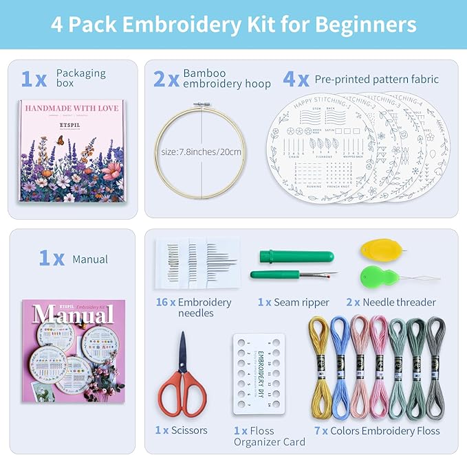 ETSPIL Beginner Embroidery Kit for Adults & Teens – 33 Stitches, Stamped Plant & Wreath Patterns, Hoop, Threads & Tools, Video & Manual Instructions, Easy & Fun DIY Gift for Craft Lovers