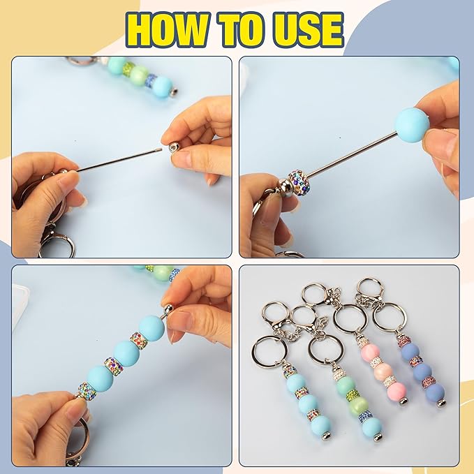 160pcs Beadable Keychains Set Bulk for Keychain Making Kit with Beadable Keychain Bar Silicone Beads Spacer Beads Gifts for Women Men DIY Crafts