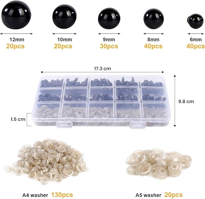 Vanblue Safety Eyes 150Pcs 6-12 mm Plastic Safety Eyes with Washers Craft Eyes for Amigurumi Stuffed Animal Crochet Projects Teddy Bear Puppet Toys DIY Crafts Making Halloween Decorations