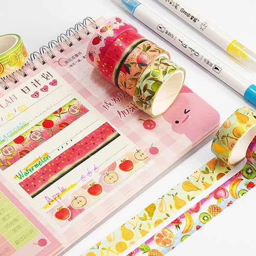Fruits Washi Tape Set 10 Rolls Harvest Orchard Patterns Gold Decorative Tapes for Journals, Planners, Scrapbooking, Gift Wrapping, DIY Crafts (Fruits)