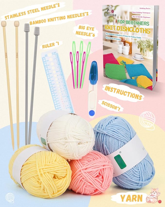 Aeelike Knitting Kit for Beginners, Complete Beginner Knitting Kit Easy Knitting Set Including Knitting Needles Set Cotton Yarn, Learn to Knit Dishcloth with Step-by-Step Instructions, Colorful