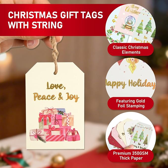 96 Pcs Christmas Gift Tags, Watercolor Christmas Hanging Tags Label Gold Foil with Hemp Rope Xmas Present Tag for DIY Xmas Holiday Present Wrapping Decorations, 6 Styles