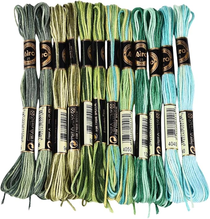 12 Skeins 105 Yards Green Embroidery Thread Variegated Cross Stitch Floss Bulk 6 Ply Polyester Yarn Colorful Friendship Bracelet String for Sewing Making Needlecraft Knitting Stitching DIY
