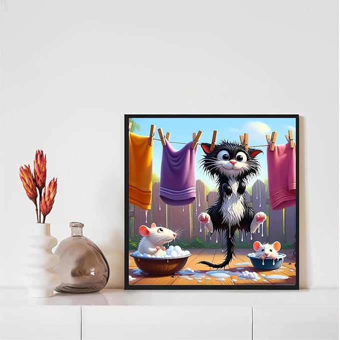 DIY Funny Black Cat Diamond Art Kits for Adults, Cute Cats Diamond Painting Kits for Beginners, Animals Diamond Dot, Small Dimond Art Paintings Kit, Full Drill Gem Painting, Home Wall Decor 14x14inch