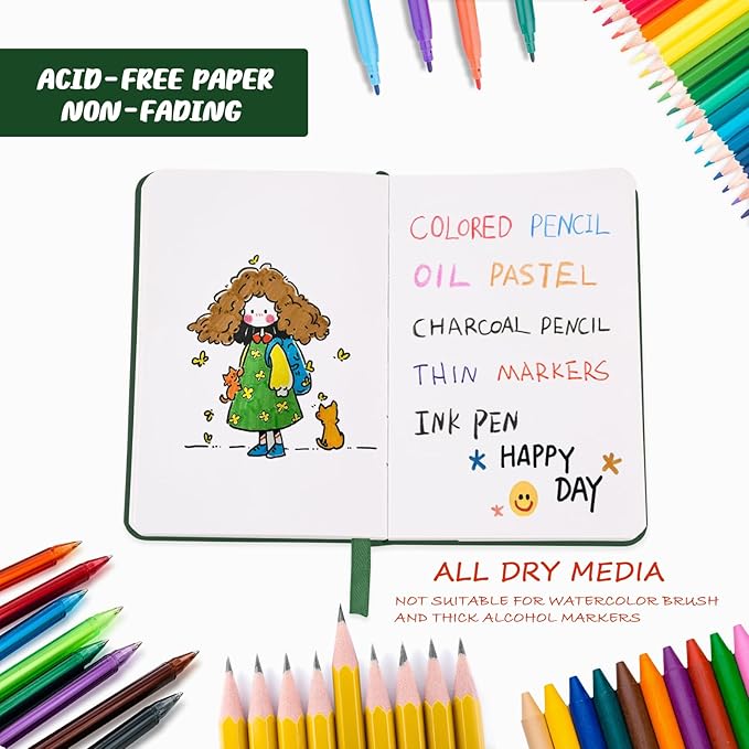 Mix Media Pad,3.5"x5.5" Small Hardcover Leather Art Sketchbook,60 Sheets(112lb/180gsm) Heavyweight Acid Free Artistic Painting Drawing Sketching Paper, Handy Pocket Journal Sketchbook.Blackish Green