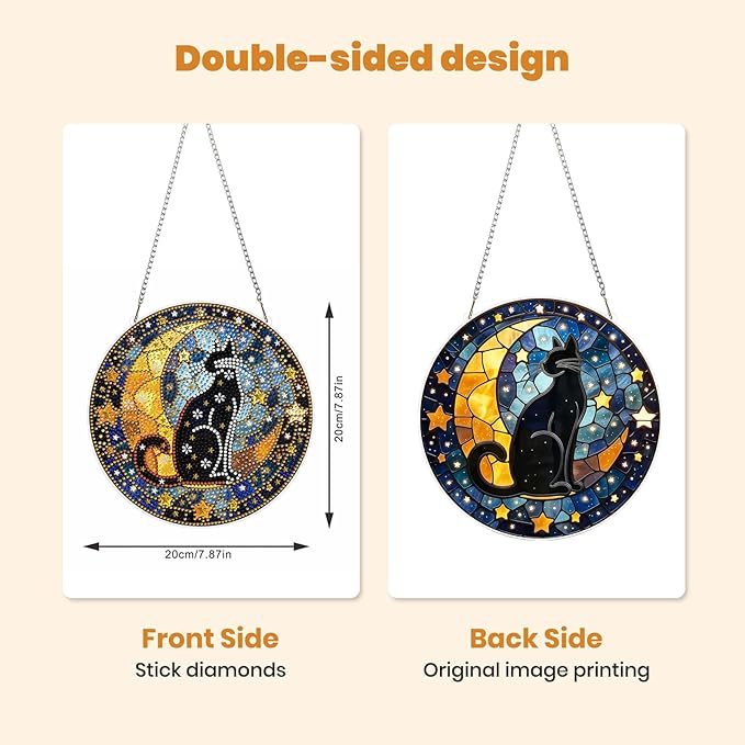 MXJSUA Stained Glass Cat Diamond Painting Art Window Suncatchers, Diamond Art Kits for Adults Hanging Ornaments with Chain, 5D Special Shape Crystal Diamond Pendant Accessories for Decor Gift