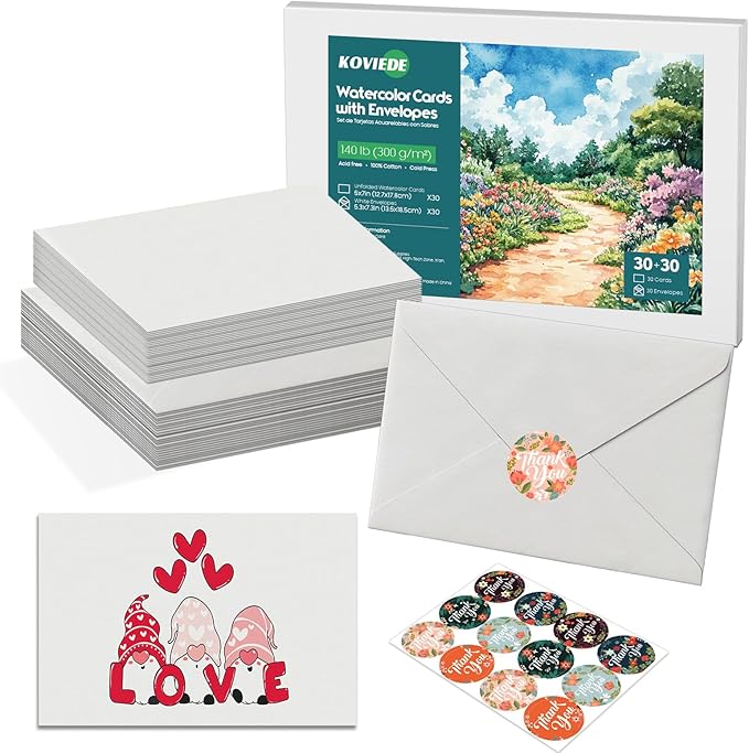30 Packs Blank Watercolor Cards with Envelopes 5x7 Inch – 140lb/300gsm 100% Cotton Non-Folded Acid-Free Heavyweight Watercolor Postpaper for Painting, Greeting Cards, DIY Art Projects