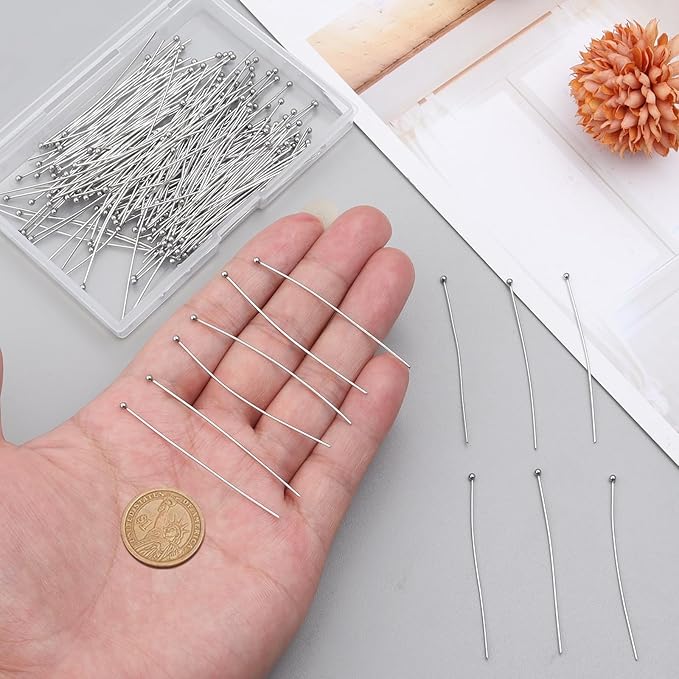 200 Pcs 50mm Straight Ball Pins for Craft Earring Bracelet Necklace Pendant DIY Jewelry Making, Platinum Color