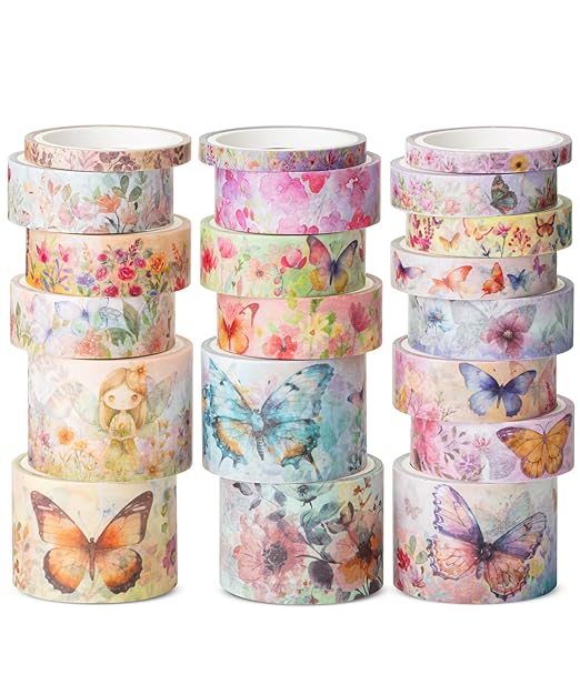 Mr. Pen- Washi Tape Set, 20 Rolls, Assorted Sizes, Watercolor Butterfly Design, Washi Tape for Journaling