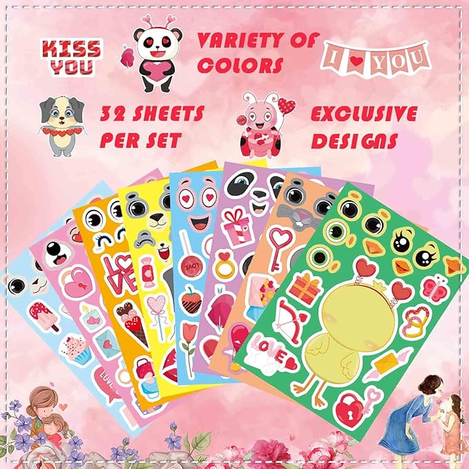 32 sheets valentine stickers for kids, valentines crafts heart love sticker make a face stickers, make your own animal stickers valentines gifts for kids classroom valentine goodie bags party favors