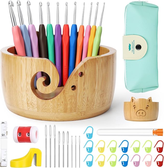 Wooden Pig Yarn Bowl Set, 6.7in x 4.1in Large Yarn Bowl for Crocheting, Complete Crochet Accessories Kit with 12 Size Crochet Hooks, Tape Measure, Counter, Scissors & Storage Bag