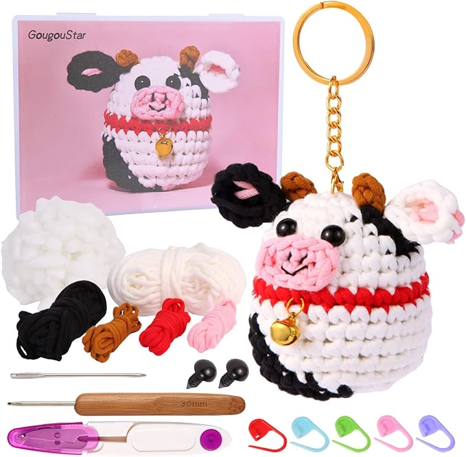 GougouStar Crochet Kit for Beginners, Animal Crochet Kits, Knitting Kit with Step-by-Step Video Tutorials and Crochet Accessories - Amigurumi Beginner Crochet Kit (Cow)