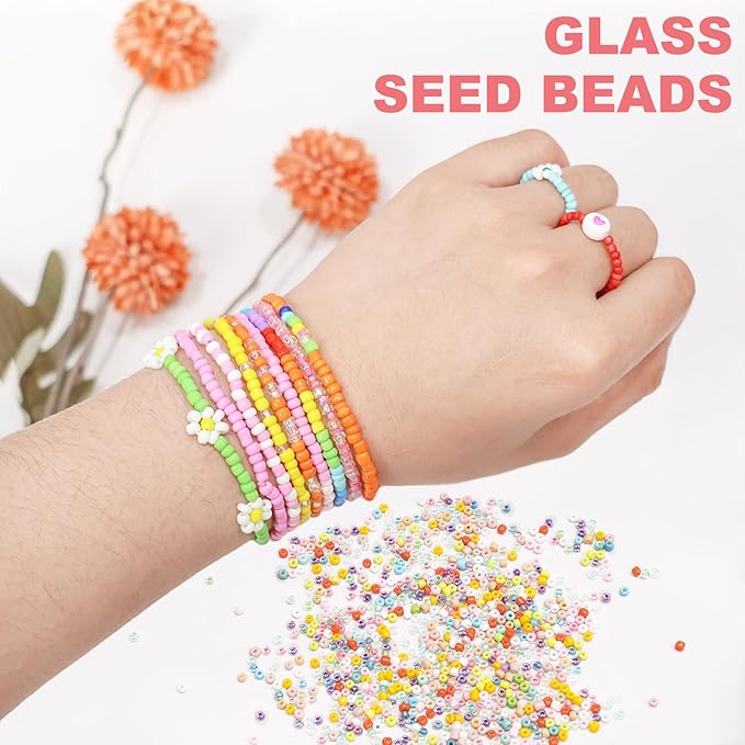 Redtwo 8000pcs 3mm Glass Seed Beads for Bracelet Making Kit, Small Beads Friendship Jewelry Making Kit, Letter Beads with Elastic String, DIY Art Craft Girls Gifts