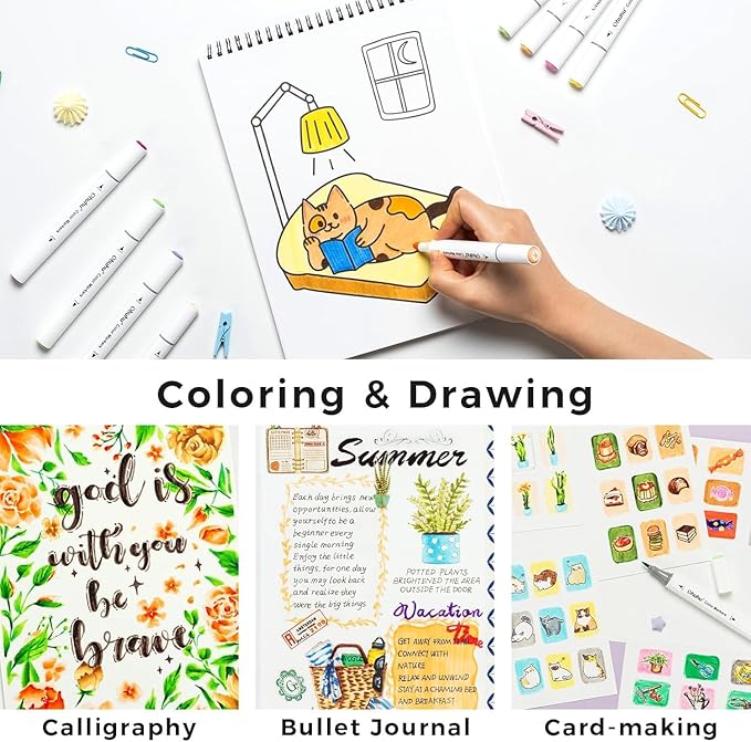 Ohuhu Markers for Adult Coloring Books No Bleeding 60 Colors Water-based Dual Tips Brush & Fine Coloring Markers for Kids Adults Beginners Drawing Pens for Journaling Lettering (Brush & Chisel)