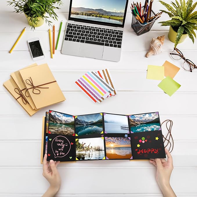 Hacaroa 4 Pack 6 x 8 Inch Accordion Scrapbook Black Pages, Small Photo Album with DIY Accessories, Stretchable Folding Hardcover Kraft Paper Memory Book Gift for Anniversary, Monther's Day, Graduation