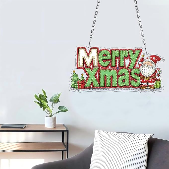 LOMSIOY Diamond Art Hanging Kit for Adult, Christmas Front Door Sign Window Decor for Outdoor, Santa Claus Double Sided Summer Decor Suncatcers for Porch, Hanging Pendants for Garden Wall （8x8 Inch