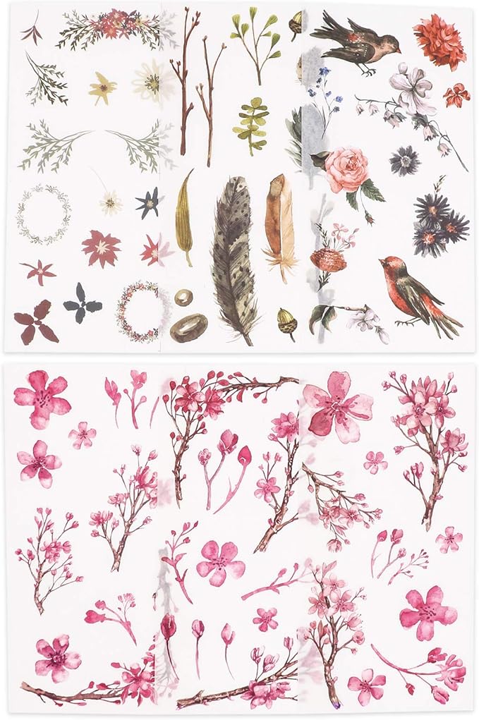 Knaid Watercolor Birds and Flowers Stickers Set - Decorative Sticker for Scrapbooking, Kid DIY Arts Crafts, Album, Bullet Journaling, Junk Journal, Planners, Calendars and Notebook